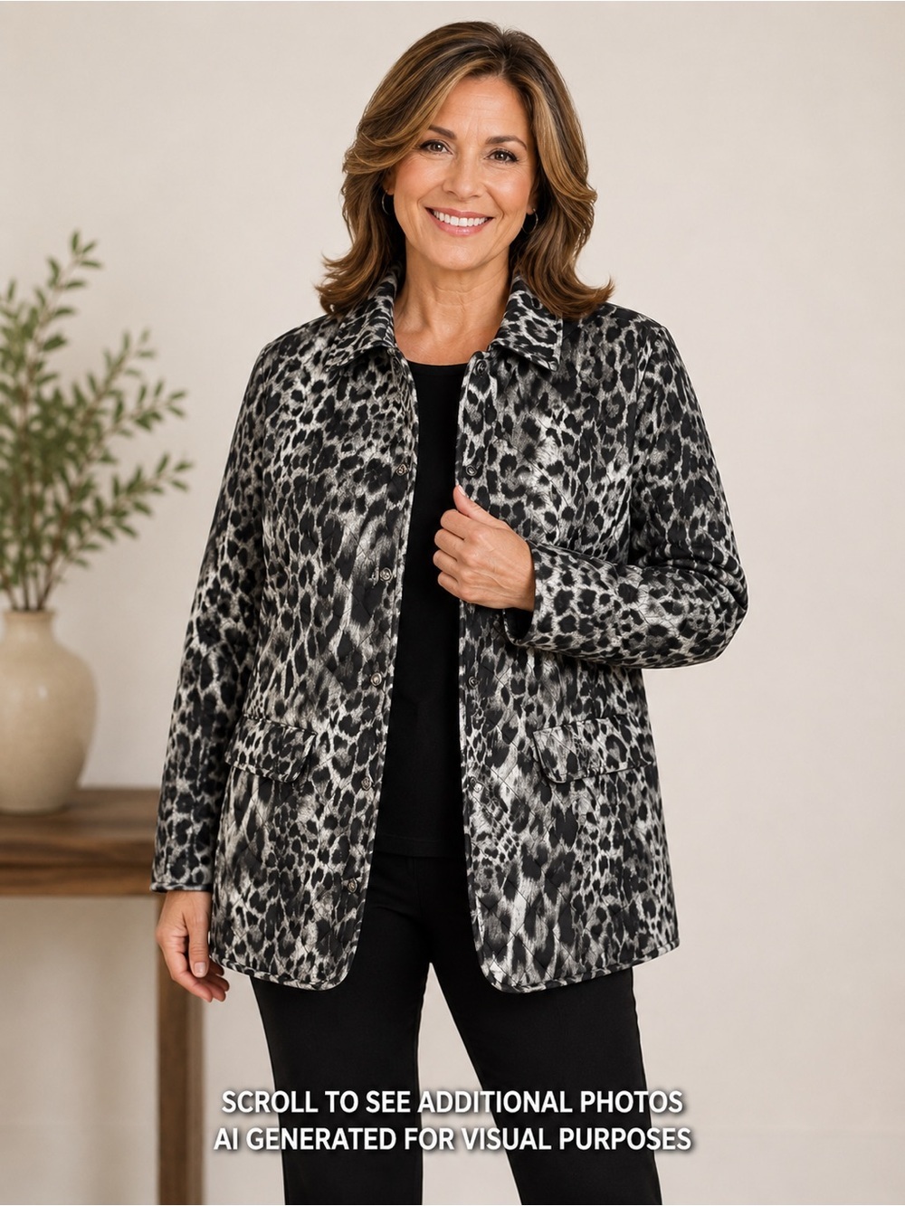 Chico's Jacket Size 1 (8-10) Black White Snow Leopard-Print Quilted Jacket Snaps